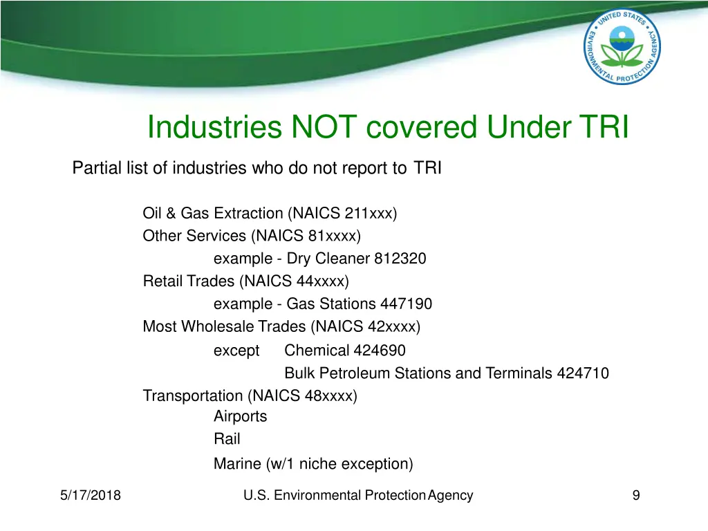 industries not covered under tri