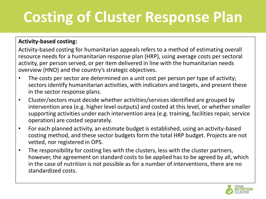 costing of cluster response plan 1