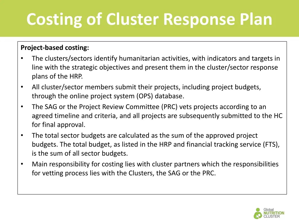 costing of cluster response plan