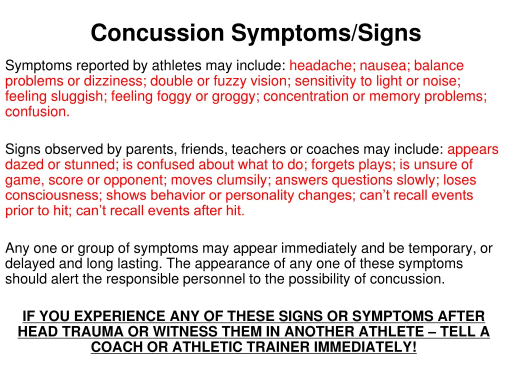 concussion symptoms signs