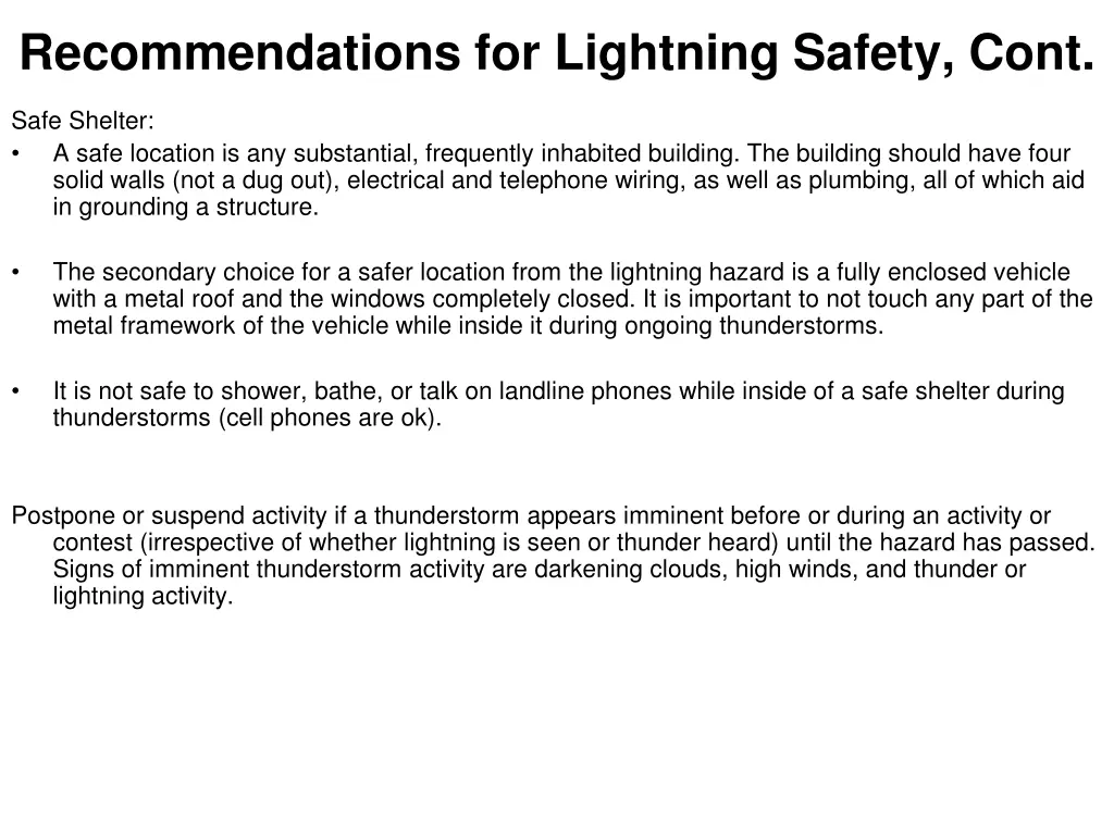 recommendations for lightning safety cont