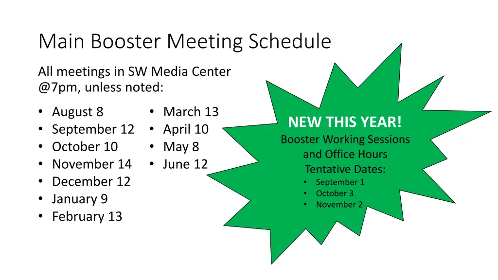 main booster meeting schedule