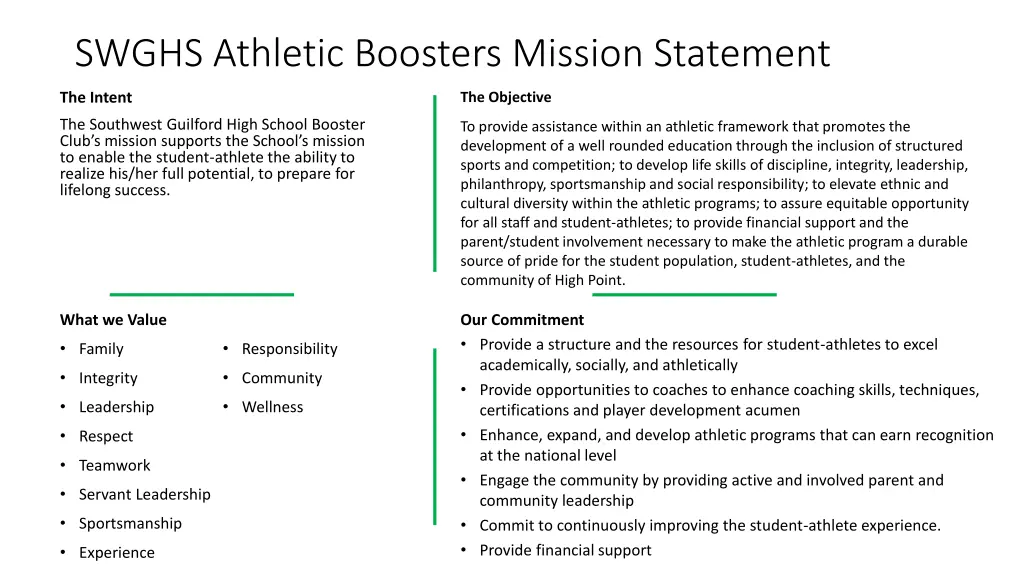 swghs athletic boosters mission statement