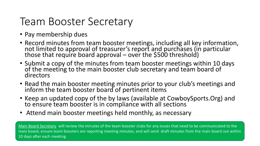 team booster secretary pay membership dues record