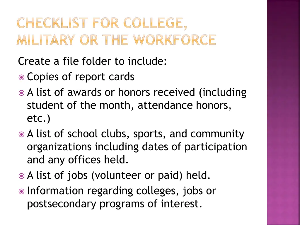 checklist for college military or the workforce