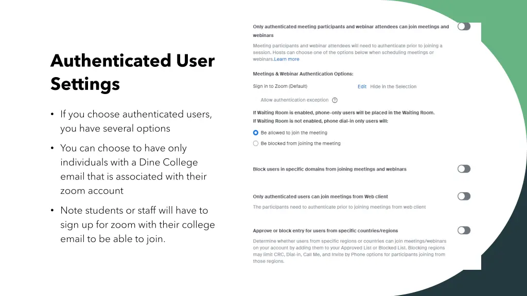 authenticated user settings