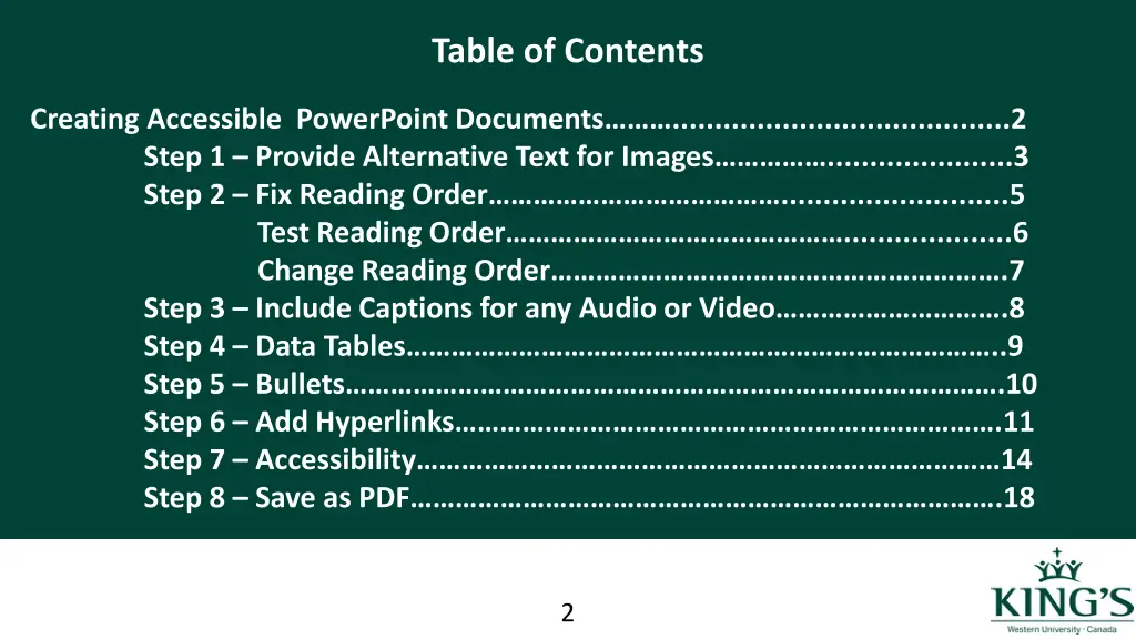 table of contents