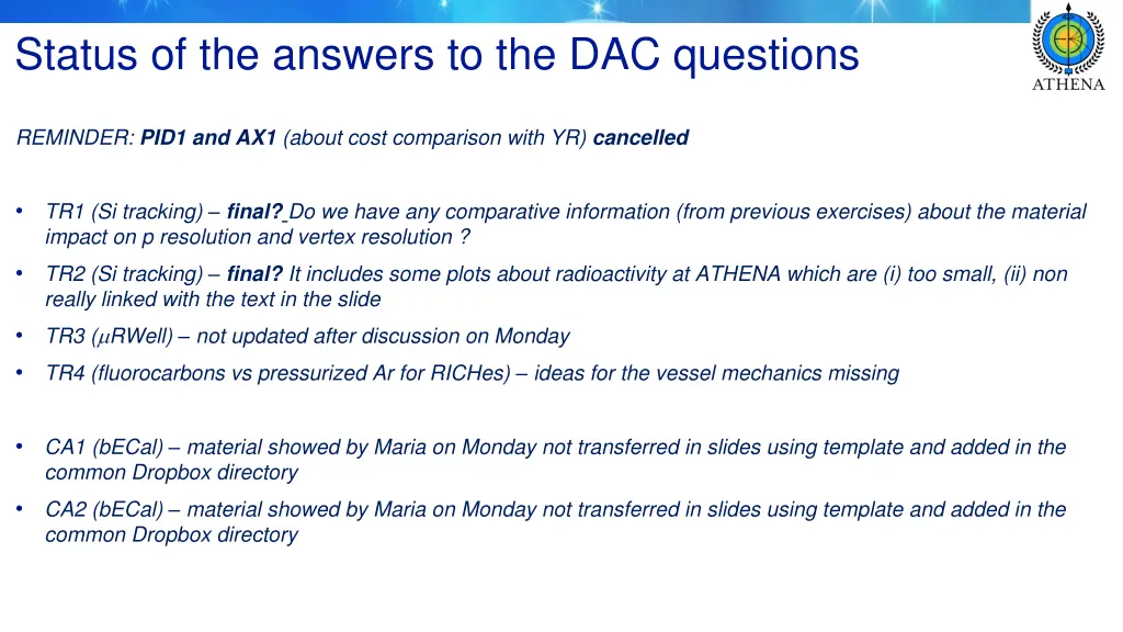 status of the answers to the dac questions 1