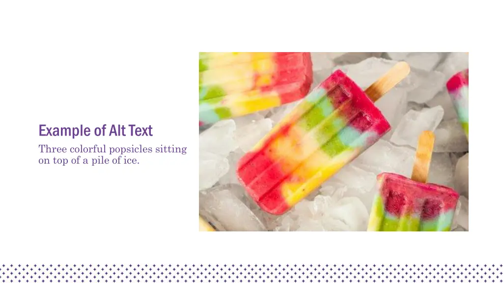 example of alt text three colorful popsicles