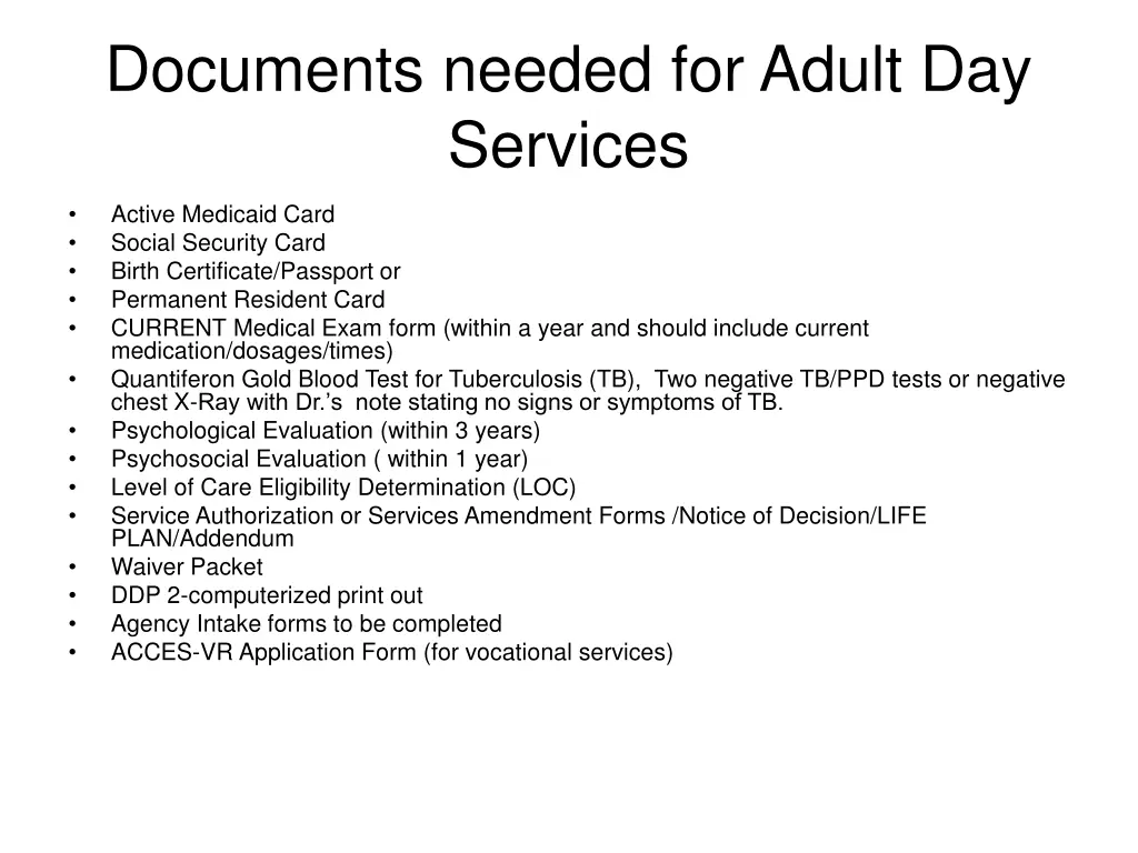 documents needed for adult day services