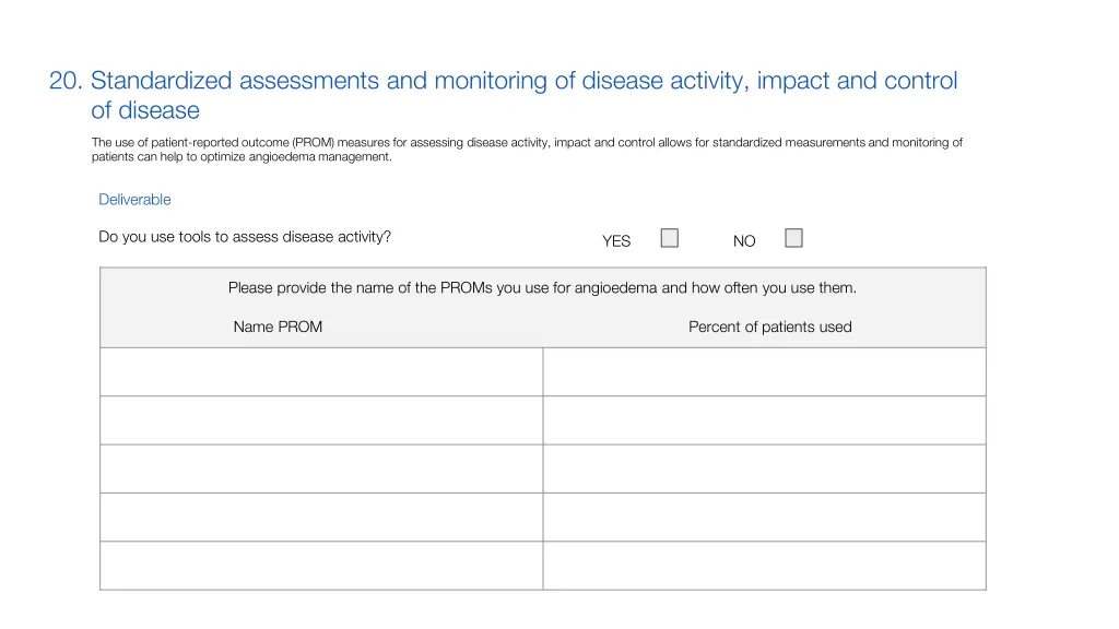 20 standardized assessments and monitoring