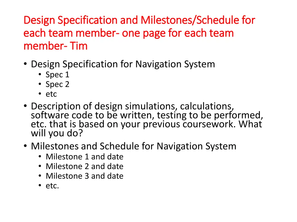 design specification and milestones schedule