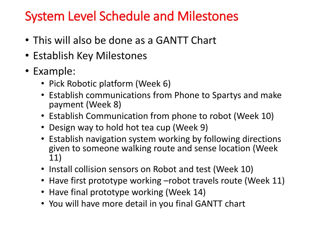 system level schedule and milestones system level