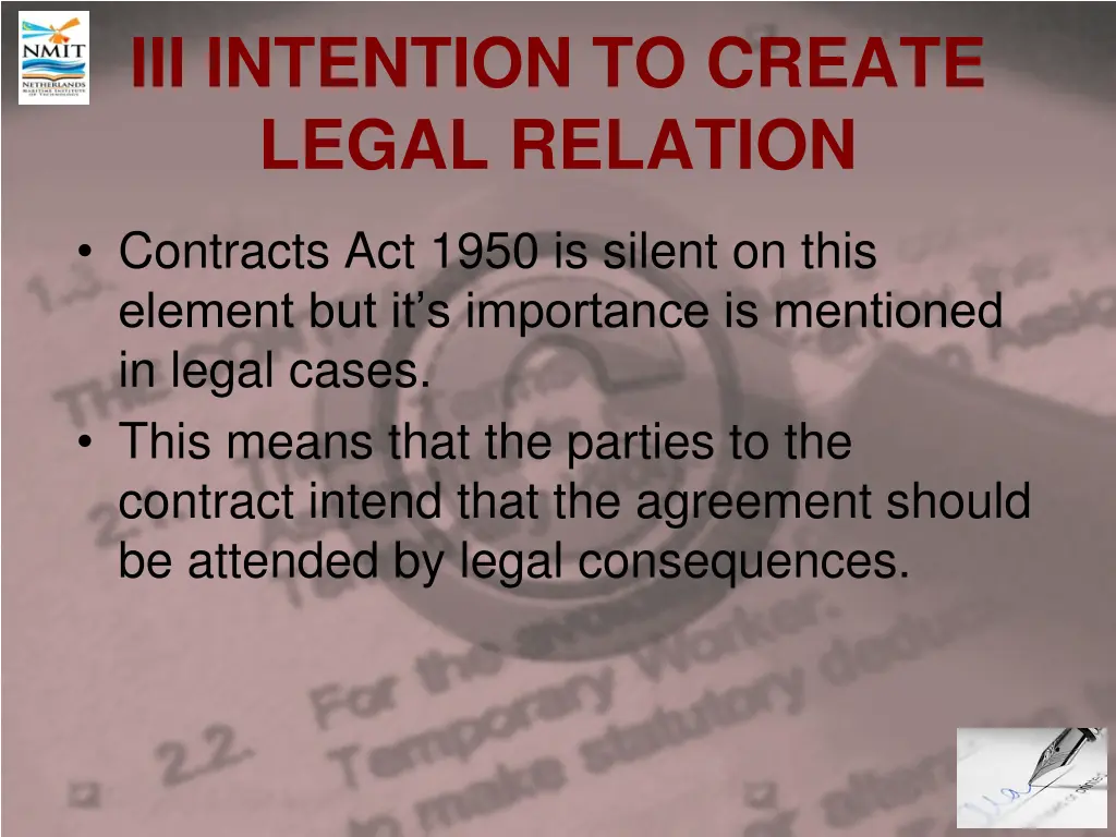 iii intention to create legal relation