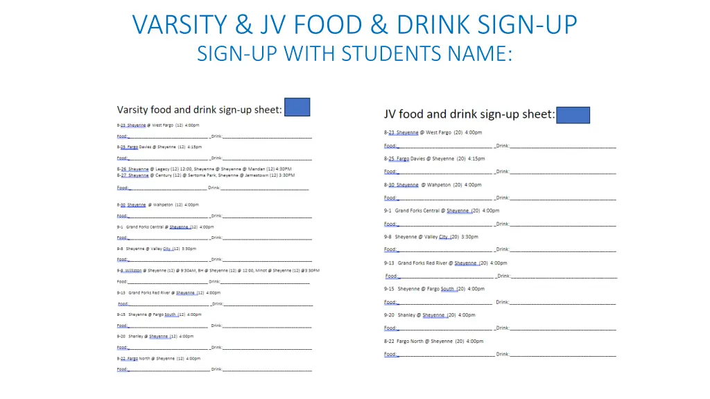 varsity jv food drink sign up sign up with