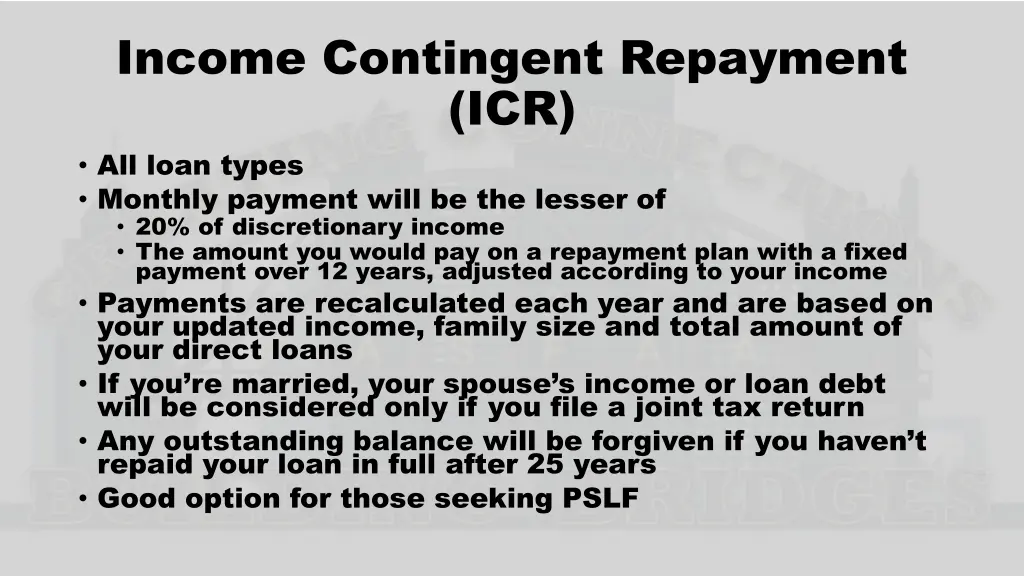 income contingent repayment icr all loan types