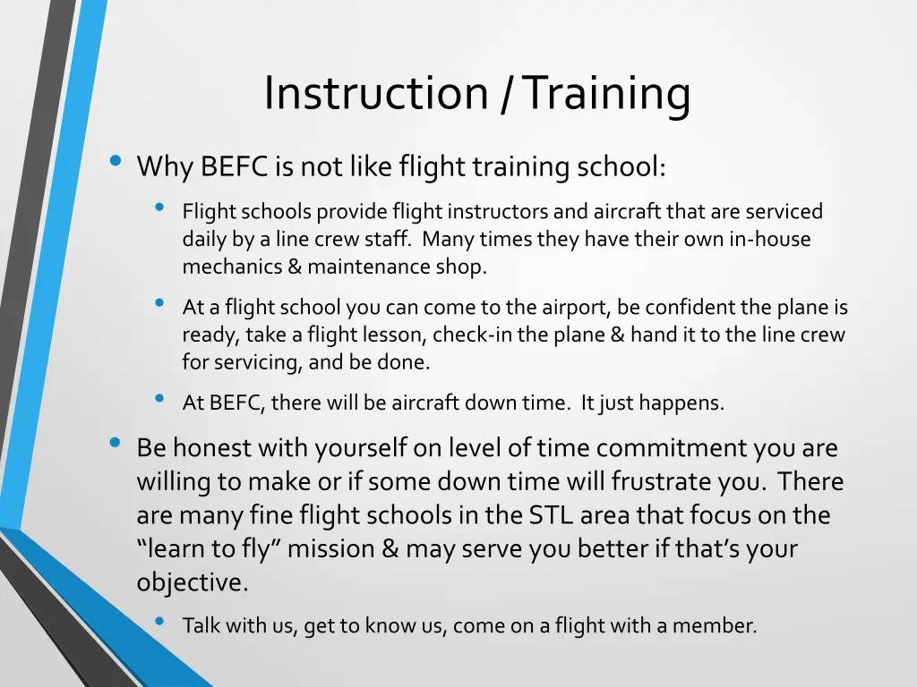 instruction training why befc is not like flight