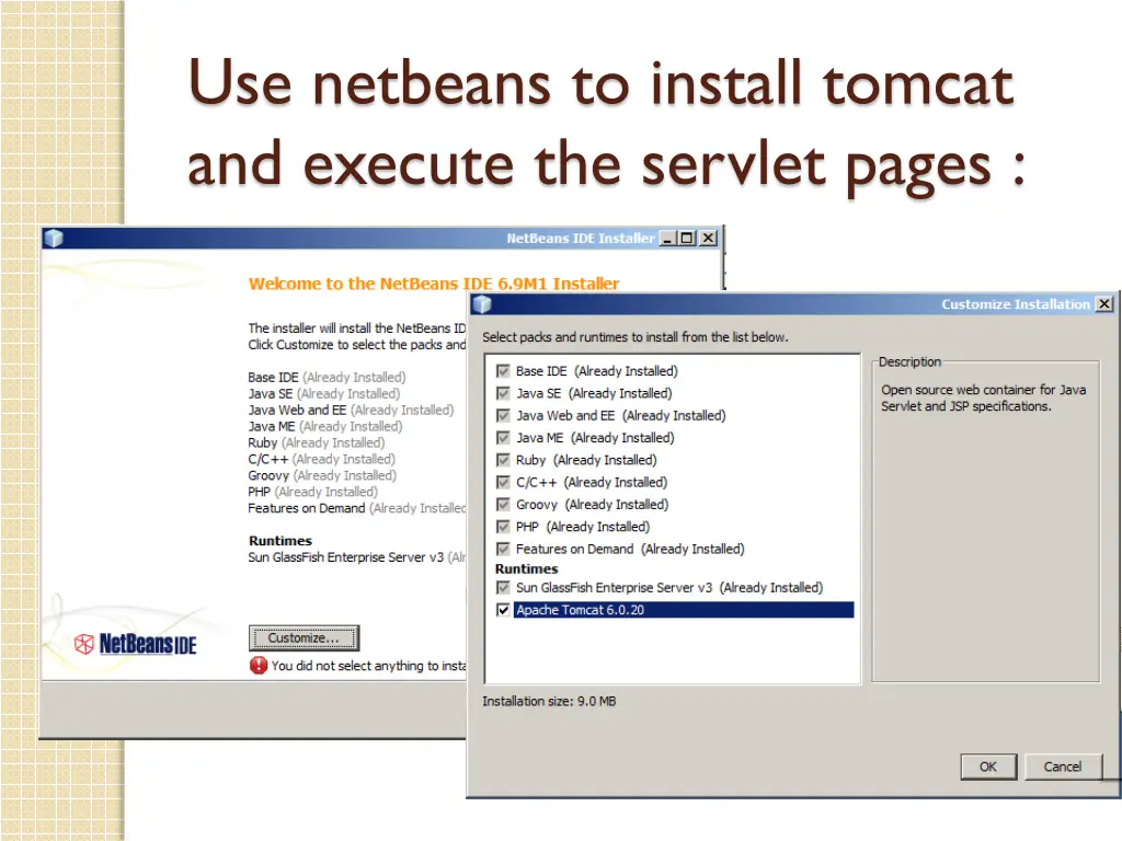 use netbeans to install tomcat and execute