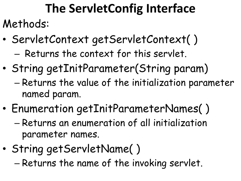 the servletconfig interface methods