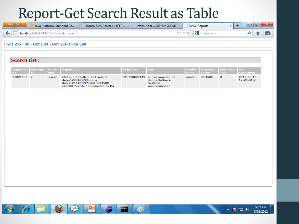 report get search result as table