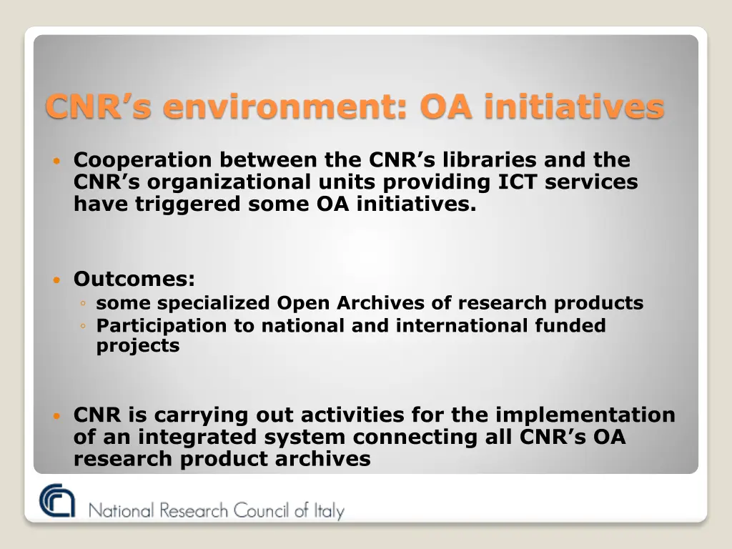 cnr s environment oa initiatives