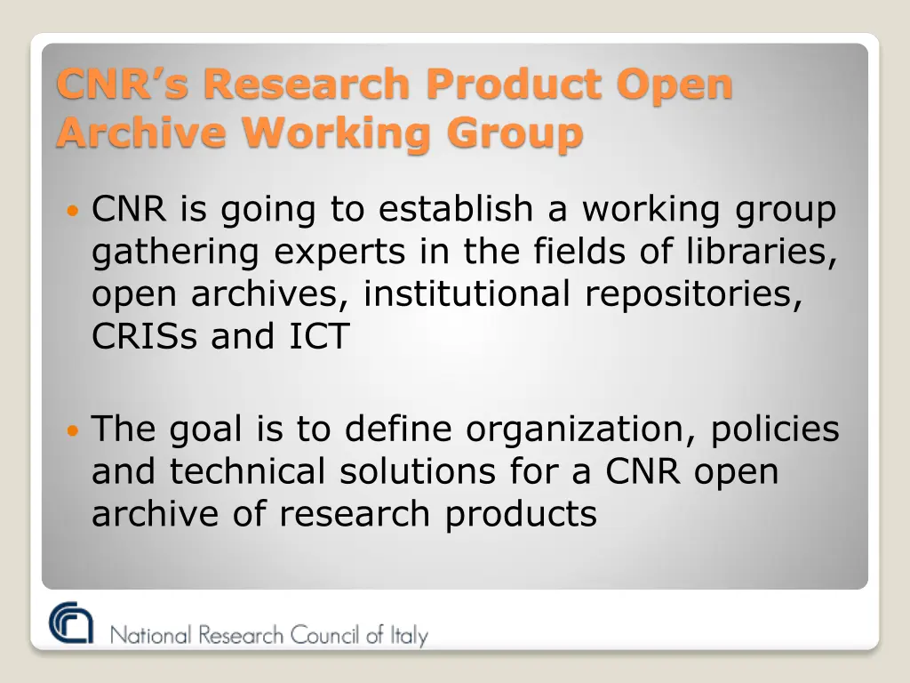 cnr s research product open archive working group