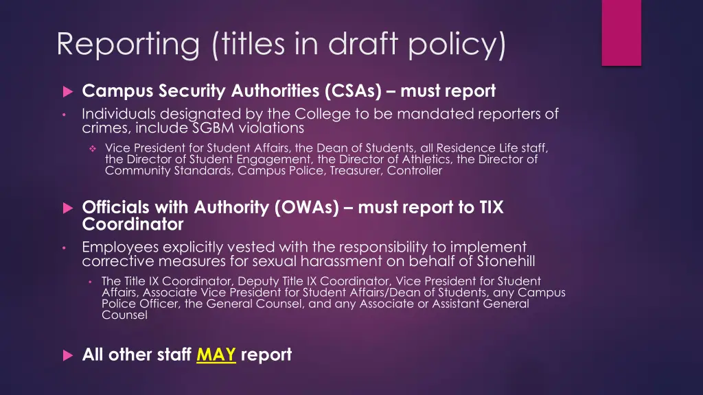 reporting titles in draft policy