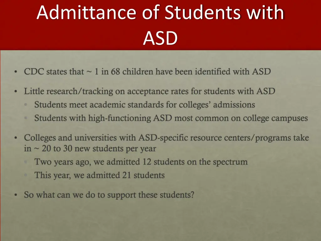 admittance of students with asd