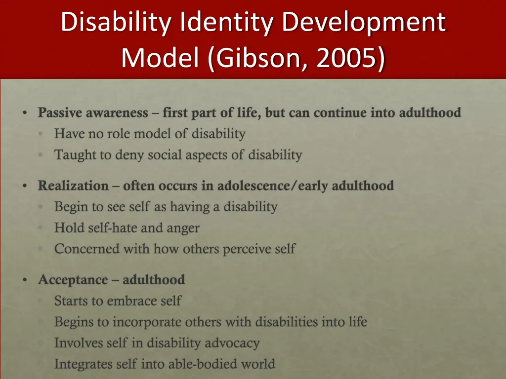 disability identity development model gibson 2005