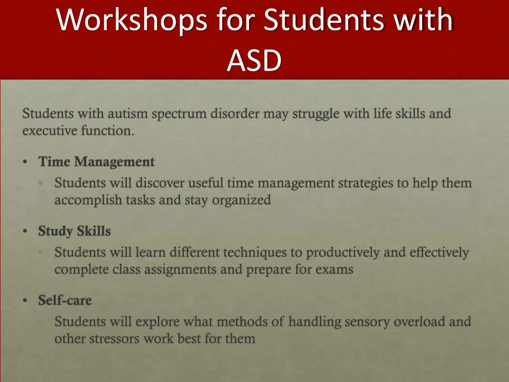 workshops for students with asd