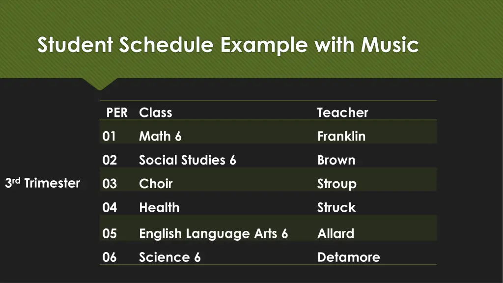 student schedule example with music 2