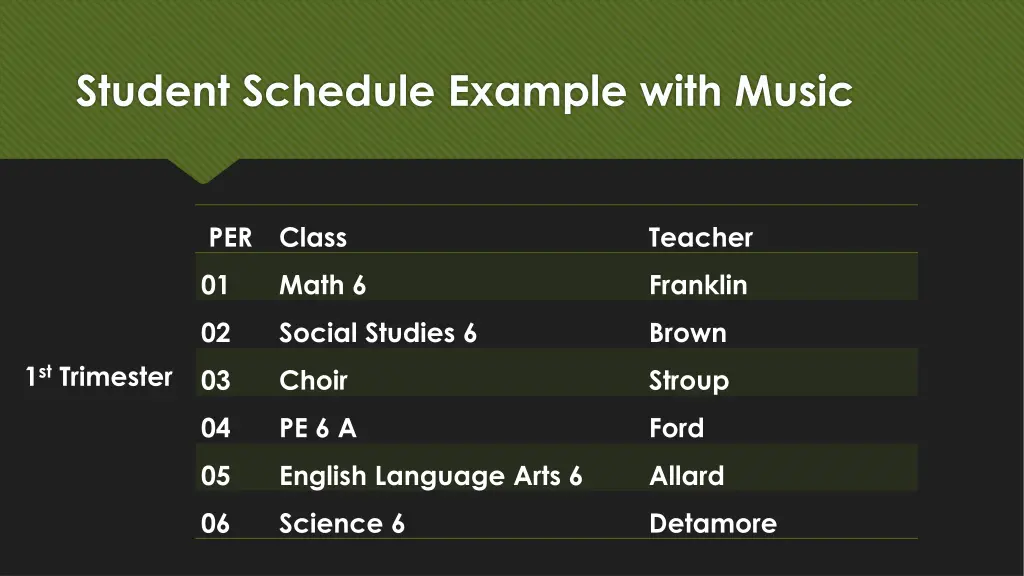 student schedule example with music