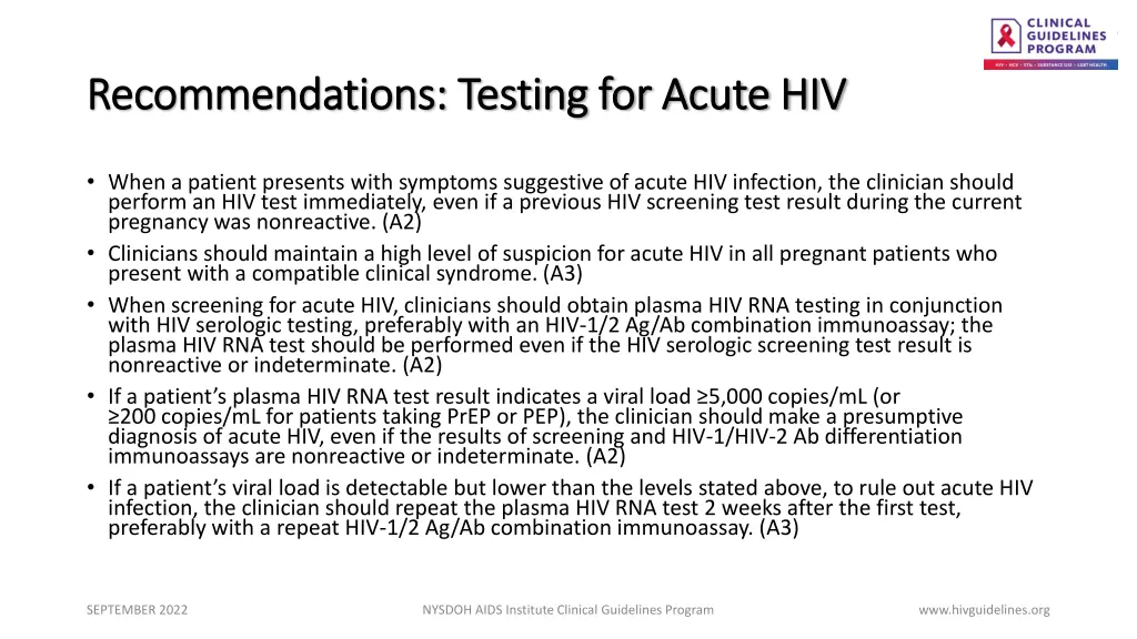 recommendations testing for acute