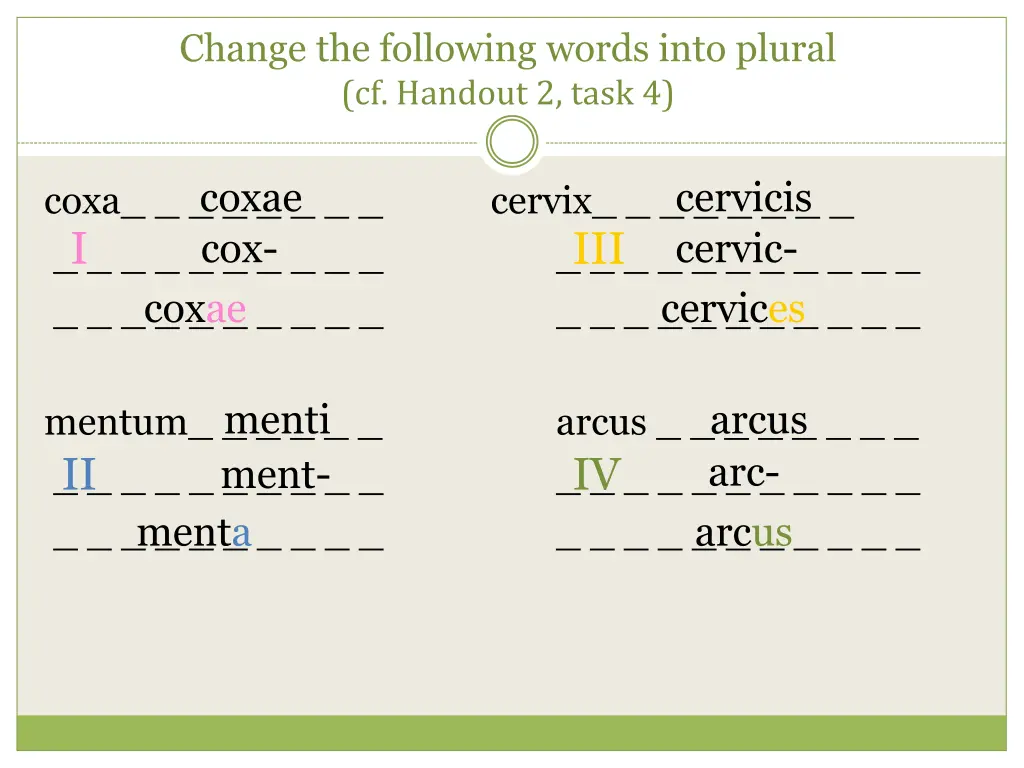 change the following words into plural cf handout