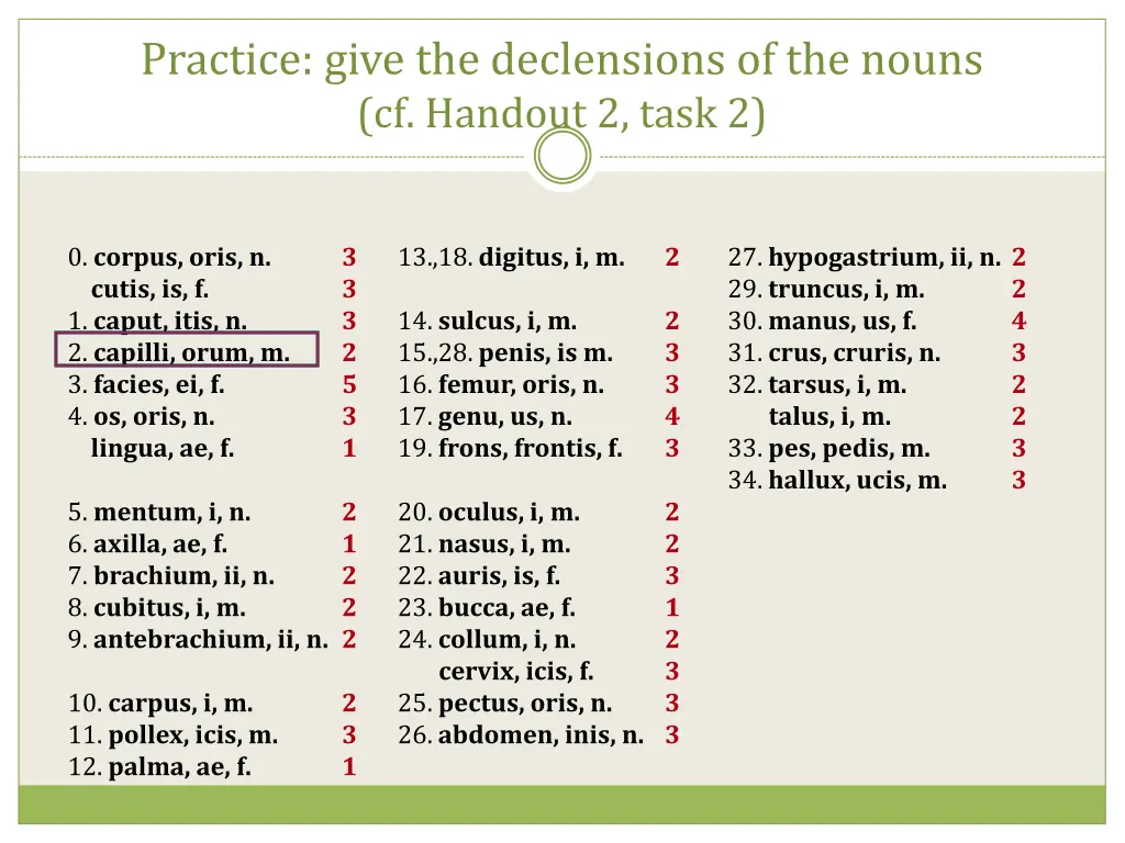 practice give the declensions of the nouns