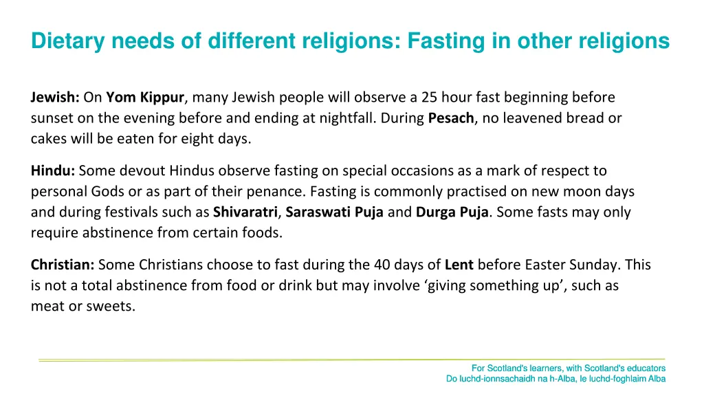 dietary needs of different religions fasting