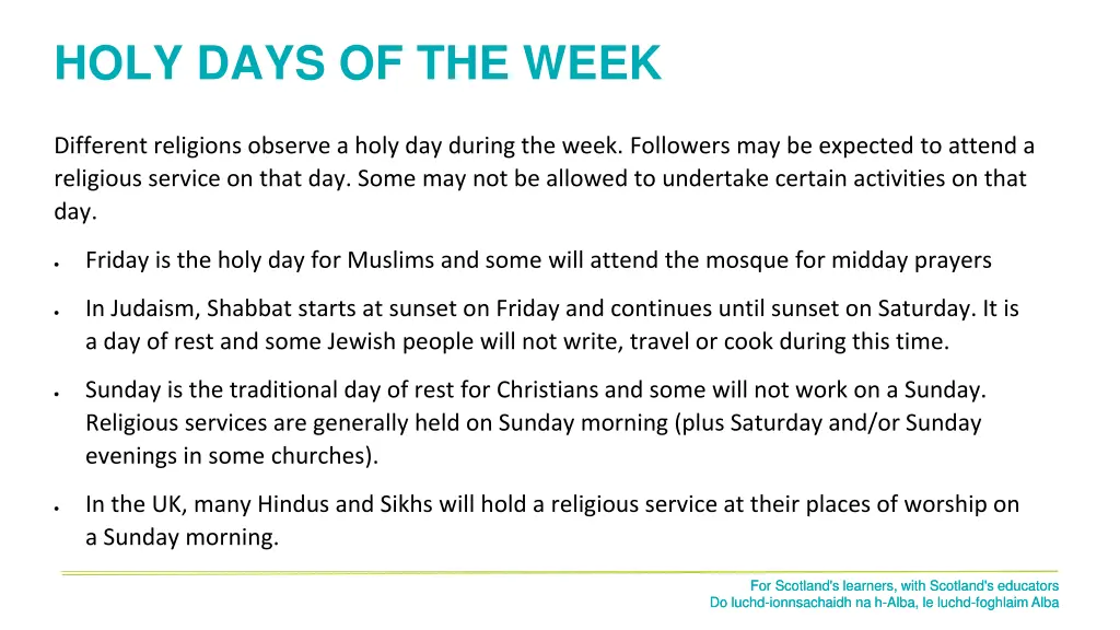 holy days of the week