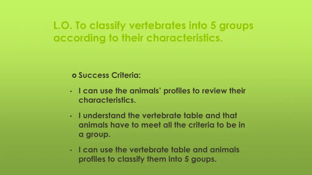 l o to classify vertebrates into 5 groups