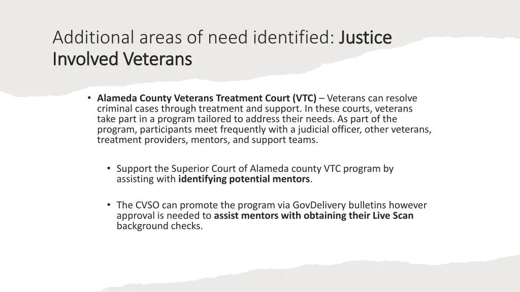 additional areas of need identified justice