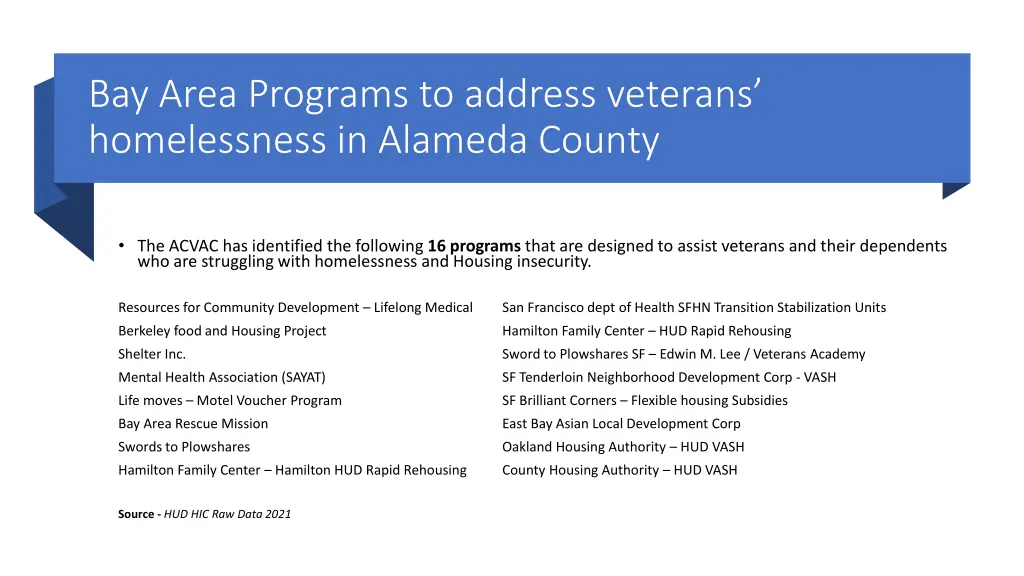 bay area programs to address veterans