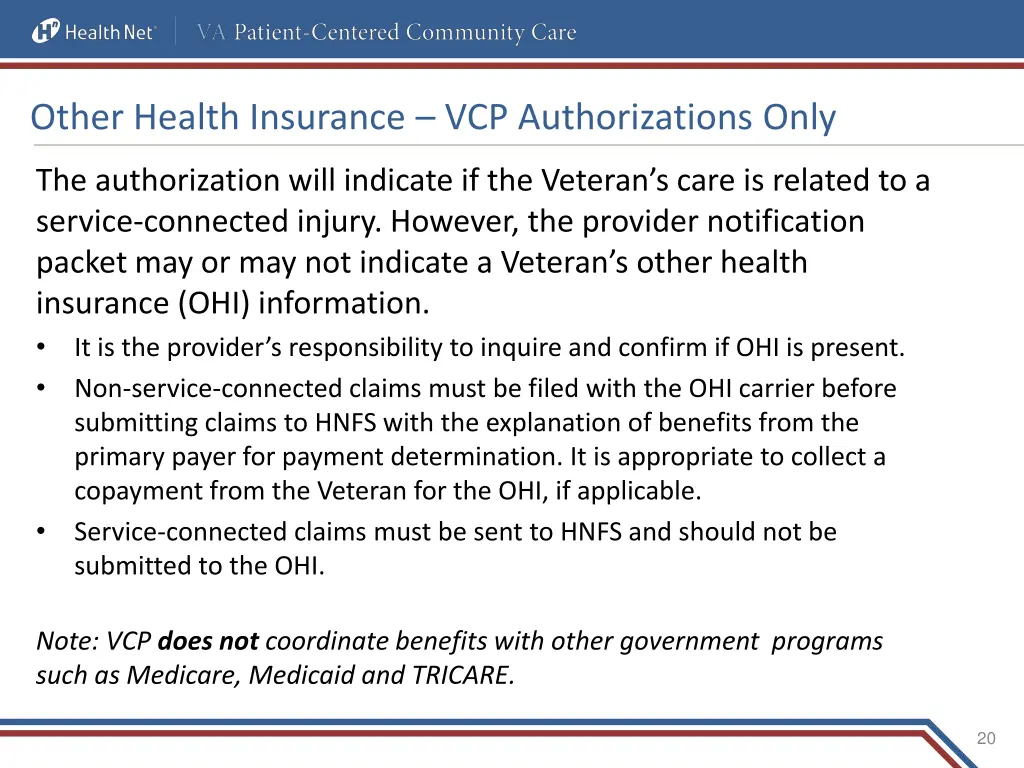 other health insurance vcp authorizations only