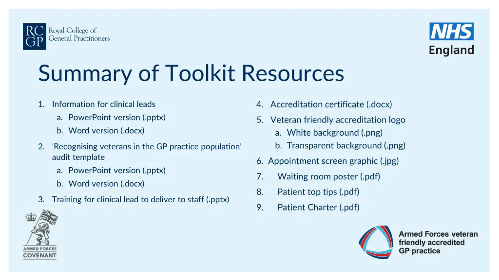 summary of toolkit resources