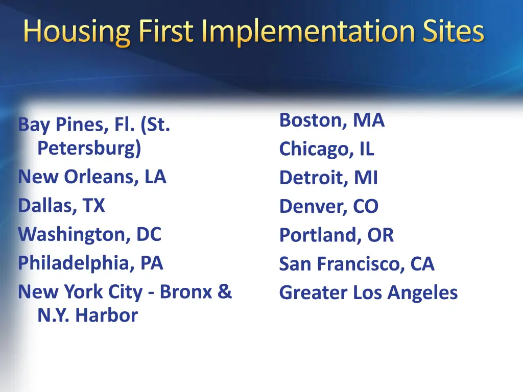 housing first implementation sites