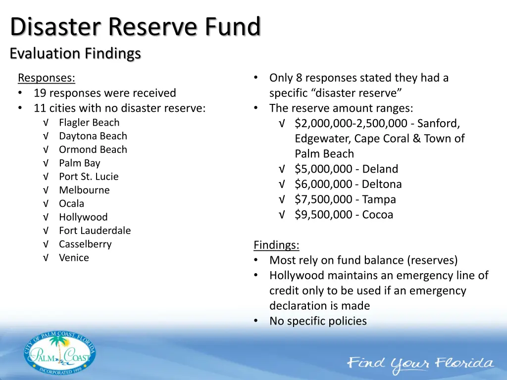 disaster reserve fund evaluation findings