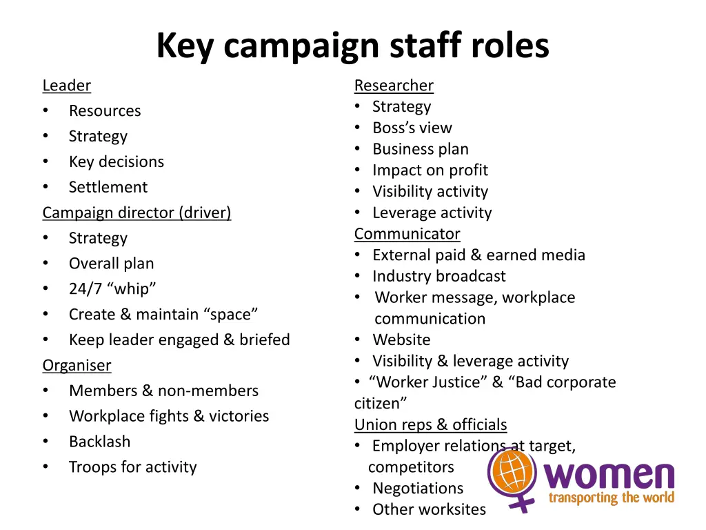 key campaign staff roles