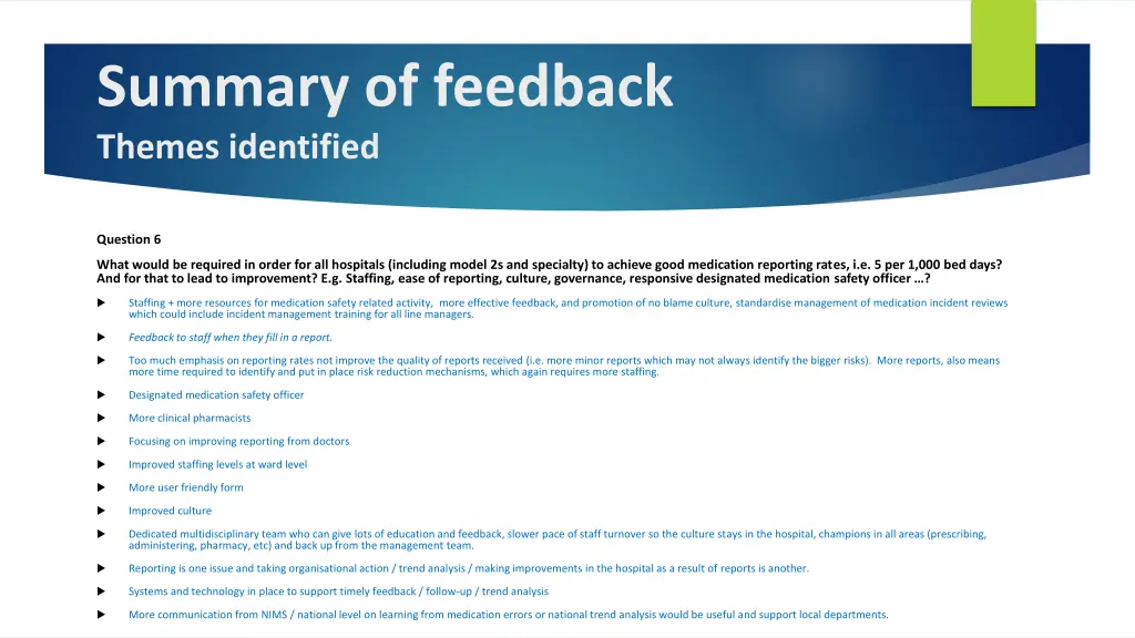 summary of feedback themes identified 2