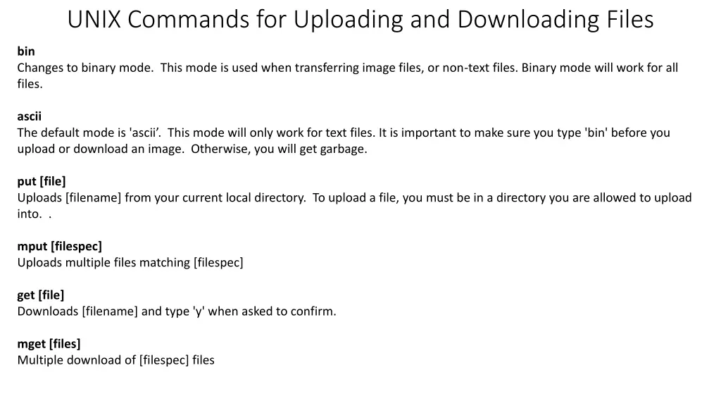 unix commands for uploading and downloading files