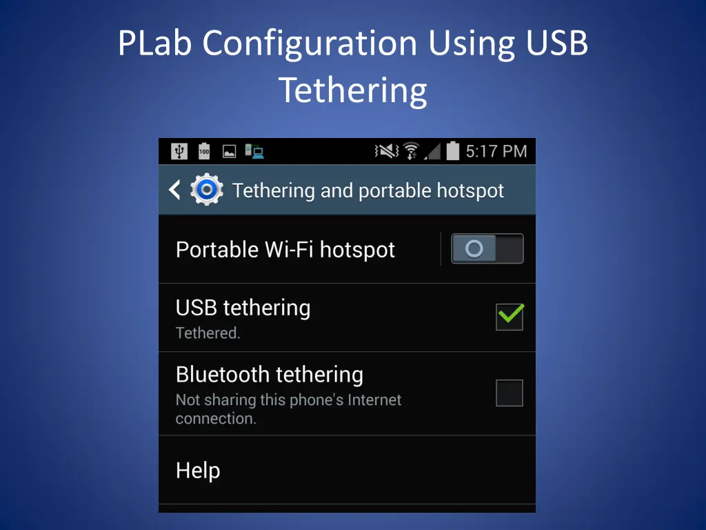 plab configuration using usb tethering