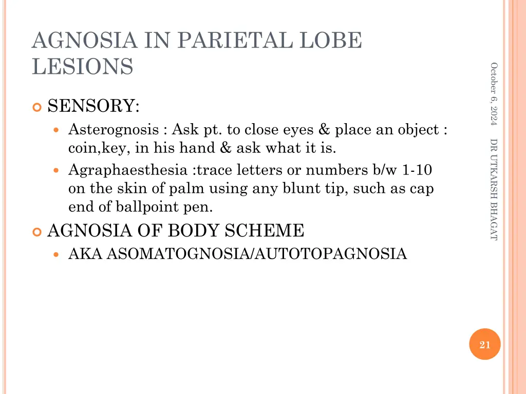 agnosia in parietal lobe lesions