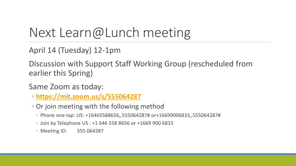 next learn@lunch meeting